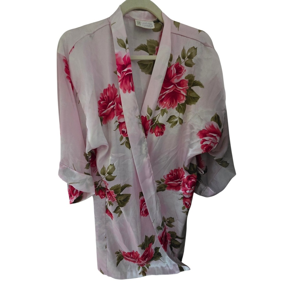 California Dynasty Pink Floral Satin Robe Kimono Wrap Red Roses Sleepwear OS